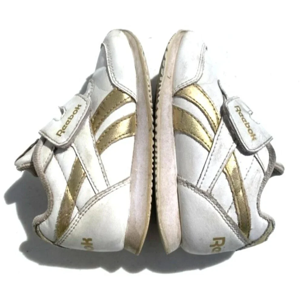 Reebok Toddlers Sz 9 Shoes Sneakers Classic Leather Step Flash White/Gold Straps